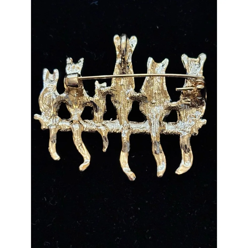 Vintage Six Black Cats on Fence Brooch Green Rhinestone Eyes Moving Tails[JB2]